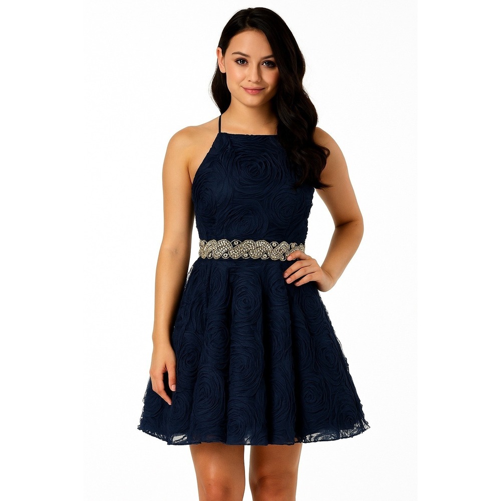 Trixxi Juniors Cocktail Dress 3 Navy Blue Fit & Flare‎ Embellished Rosette Party
